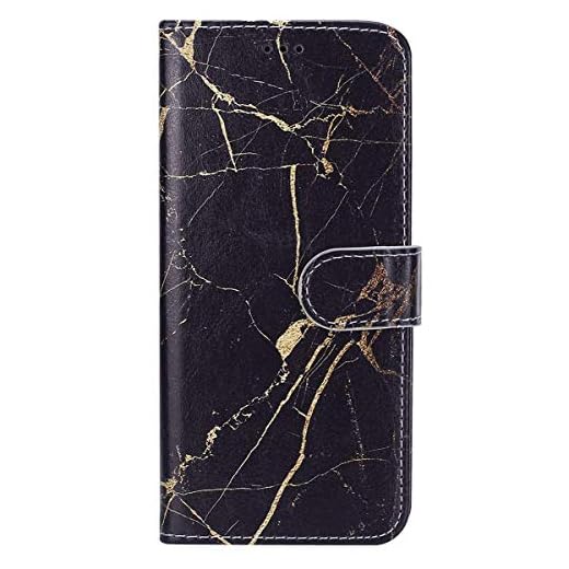 iPhone 7 skal, iPhone 7 läderfodral, Surakey iPhone 7 PU-läder flippfodral plånbok retro sten marmor serie målning mönster fullt skyddande fodral för Apple iPhone 7, svart marmor