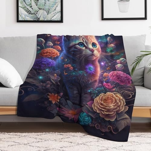 Couverture Flannel Polaire Chat et Fleur Douce pour vos Soirées Canapé Cocooning