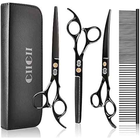 Dog Grooming Scissors Kit, CIICII 7 Inch Professional Pet Grooming Scissors Set (Dog/Cat Hair Thinning Trimming Cutting Shears) with Curved Scissors for DIY Home Salon (Heavy Duty-Black-9Pcs) Cover