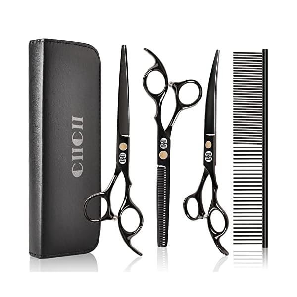 Dog Grooming Scissors Kit, CIICII 7 Inch Professional Pet Grooming Scissors Set (Dog/Cat Hair Thinning Trimming Cutting Shears) with Curved Scissors for DIY Home Salon (Heavy Duty-Black-9Pcs) Dog Grooming Scissors Kit, CIICII 7 Inch Professional Pet Grooming Scissors Set (Dog/Cat Hair Thinning Trimming Cutting Shears) with Curved Scissors for DIY Home Salon (Heavy Duty-Black-9Pcs)