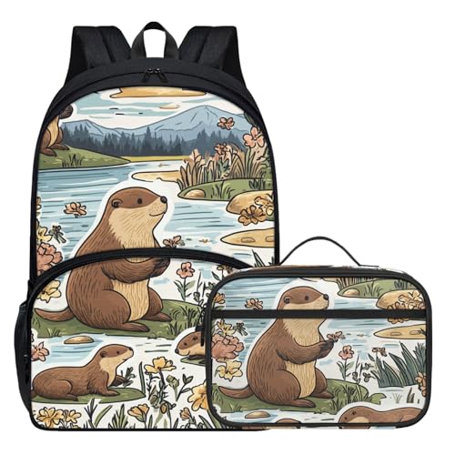 Animal School Backpack Set for Girls Boys Elementary School Bag Cute Cartoon Beaver Backpack with Lunch Box Sturdy Comfy Breathable Back Lightweight 17 Inch Boys Girls Bookbag Ages 6-122
