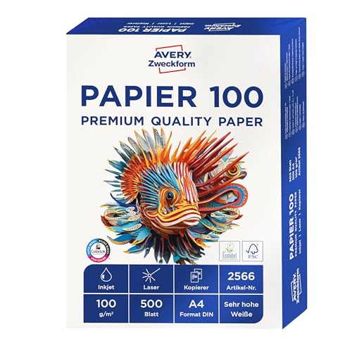 AVERY Zweckform 2566 Drucker-/Kopierpapier (500 Blatt 100 g/m DIN A4 Papier hochweiß für alle Drucker) 1 Pack