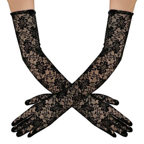 SycloPak Handschuh Spitze Lange Elegante Spitzenhandschuhe Schwarze für Damen Vintage 1920er Design mit Spitzenstickerei Braut-Handschuhe für Hochzeit, Halloween, Tee-Party,...