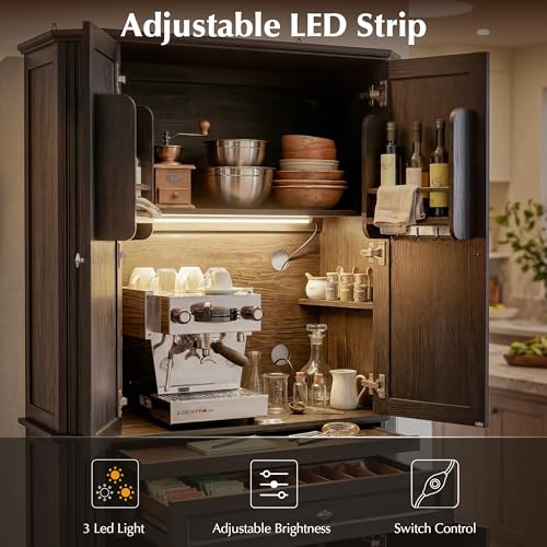 Image of 72.2 inch Tall Kitchen Pantry Cabinet with Doors, Farmhouse Storage Cabinet with Charging Station & LED Light, Drawer, Adjustable Shelves and Pull-Out Shelves, Black Wood Pantry Cupboard for Dining Room