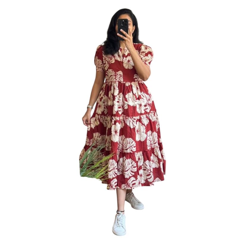Image of Floral Midi Dress for Women - Summer Boho Dress, Lightweight & Breathable, Elegant Floral Print, Casual & Vacation Outfit, Comfortable Flowy Dress for Women