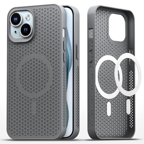 Image of Pikkme Back Cover for iPhone 15 Plus | Honeycomb Cooling Design | Silicone Heat Dissipation | Mag-Safe Compatible | Shockproof Camera Protection Bumper Case (Grey)