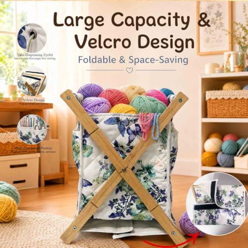 Image of Gkesgm Yarn Caddy Organizer with 6 Thread Holes | Bamboo Quilted Padded Knitting Storage Basket for Crochet Hooks, Knitting Needles, and Craft Accessories