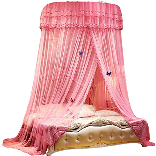 Kaiyei Filet Moustiquaire Universal Moustiquaire a Suspendre Dentelle pour Lit Double, Simple, Princesse Dome avec Crochet Adhésif Décoration Papillon Chambre Romantique Palais Rose 200cm ×220cm Cover