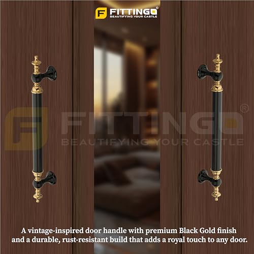 Image of Vintage Royal Main Door Handle | 8 Inch Premium Pull Push Handle for Home, Office, Hotels & Villas | Stainless Steel Black & Gold Antique Finish |Hole to Hole 200mm | 3 Years Warranty