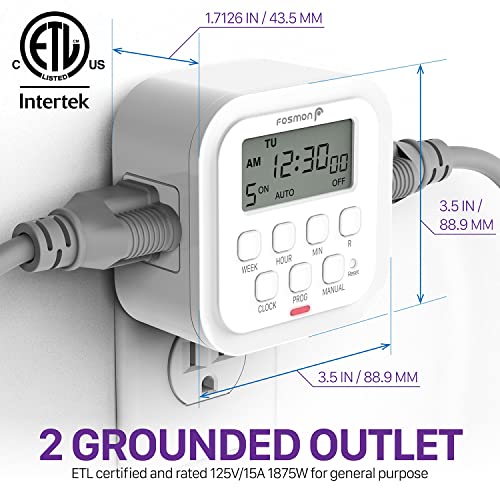 Image of Fosmon 7 Day Digital Timers for Electrical Outlets, Indoor Plug-in Light Timers Switch Programmable, Electric Wall Plug for Lamp, Grow Reptile Lights, Aquarium, 15A /1875W, Grounded- 2 Pack
