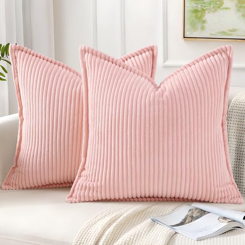 Mecatny Corduroy Throw Pillow Covers 18x18 Set of 2, Neutral Decorative Soft Boho Couch Pillow Covers with Broadside for Sofa Living Room, Pink