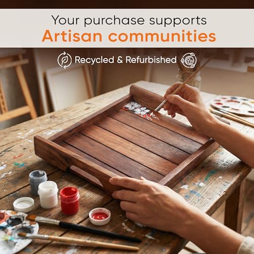 Image of AAKRITI ART CREATIONS Classic Rosewood Serving Tray Set of 2 | Handcrafted Floral Art | Brown Wooden Trays & Platters with Handle | Matte Finish Home | Trays for Dining Table & Kitchen Organizer