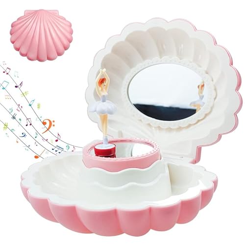 Spieluhr Schmuckschatulle, Shell Spieluhr- Rosa Musik Box und Drehender Ballerina, Schmuckset für Ideales Mädchen Geburtstag, Weihnachten und andere Gedenkgeschenke(Dunkelpink) Cover