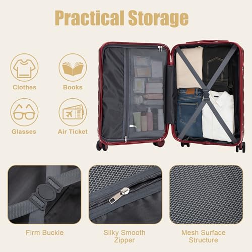 Image of 20 Inch ABS Hard Shell Travel Checked Luggage With Combination Lock, Red
