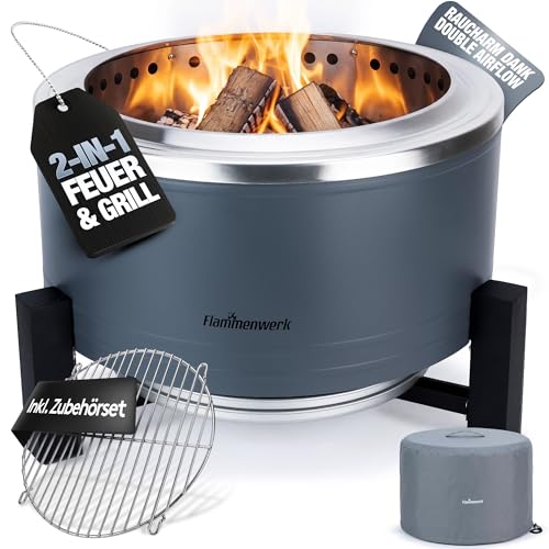 Rauchfreie Edelstahl Feuerschale Ø 56 cm| Raucharm Dank Turbo-Brenner | 2-in-1 Feuerstelle & Grill für Garten, Camping & Terrasse | Feuertonne & Feuerkorb für Holz & Pellets ohne Rauch Flammenwerk
