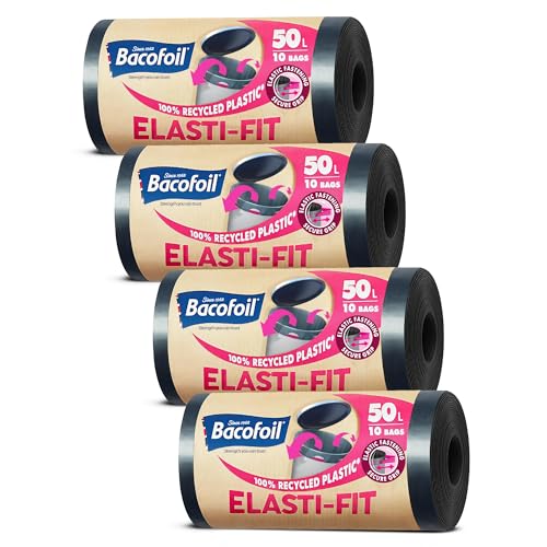 Bacofoil Elasti-Fit Bin Liners - 50L Recycled bin bags, 4 Rolls (40 Bags) - Leak-Proof, Elastic Fastening for Secure Fit - Made from 100% Recycled Plastic - Eco-Friendly Waste Disposal.