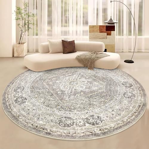 KUTA Oriental Round Rugs 6ft, Ivory Grey Yellow Circle Rug Washable 6ft, Non-Slip Printed Vintage Medallion Carpet for Living Room Dining Kitchen Indoor Entryway