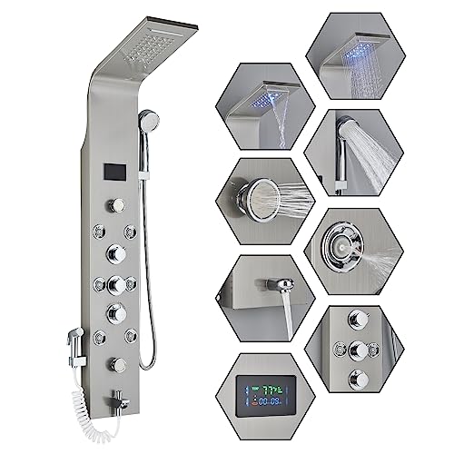 Alenart Shower Panel Tower System,7-Function Shower Wall Panel, Led Rain Waterfall Shower Column Head,Shower Tower Panel With Full Body Shower System Tub Shower With Bidet, Brushed Nickel……… #TOP1