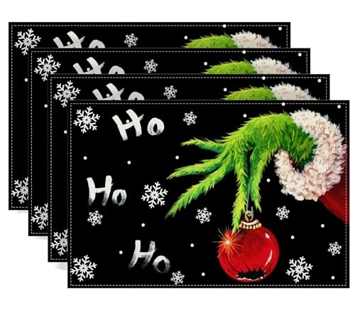 Linen Grinch Tischsets mit Aufschrift Merry Grinchmas, 4 Stück, für...