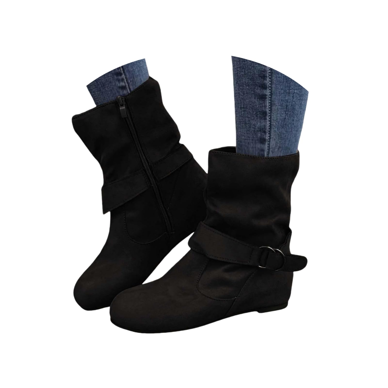 Slouchy Boots for Women Slouchy Ruched Round Toe Slip On with Ring Buckle Casual Flat Boots