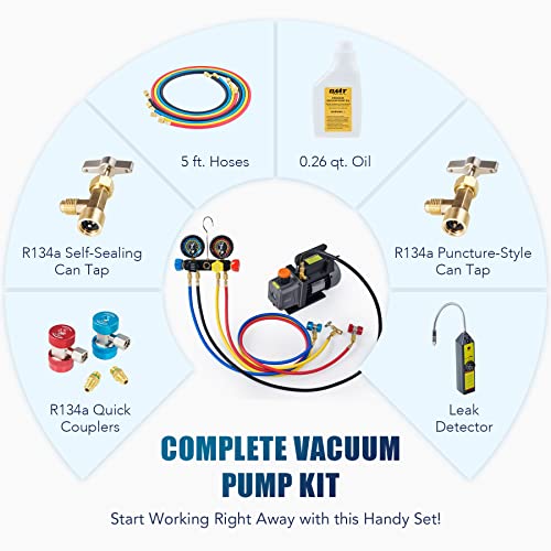 Orion Motor Tech AC Vacuum Pump and Gauge Set, 4 Way AC Gauges and 4 cfm HVAC Vacuum Pump with