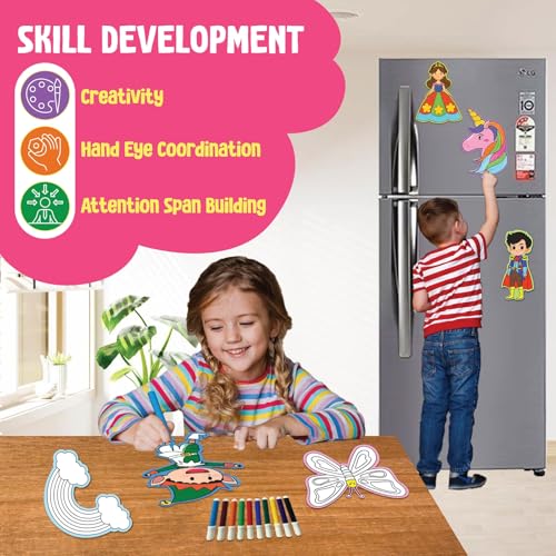 Image of SparkLPlay DIY Craft Kit for Kids Coloring Set with 6 Fridge Magnet Cutouts, 10 Color Pens. Mess Free. Gift for Kids. (Unicorn Princess)