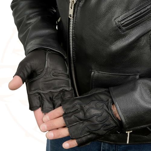 Image of Milwaukee Leather SH198 Men's Black Flame Embroidered Fingerless Gloves with Gel Palm | Padded Comfort; Vibration Relief; Flame Embroidery