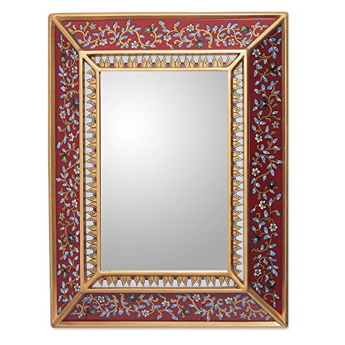 Novica Handmade Cedar Mirror Fair Trade Reverse Painted Glass Red Glasswood Peru Wall Decor Mirrors Floral 'Bluebells On Scarlet' #TOP6