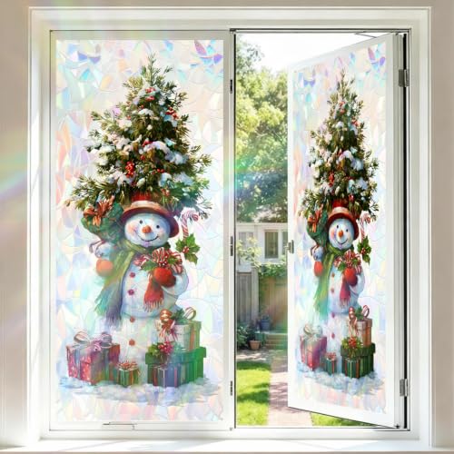 Image of Holographic Snowman Christmas Tree Window Film 17.32x39.37in