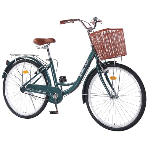 26 inch Hybrid Bikes for Women, Adult Bicycles Lightweight Hi-Ten Steel Frame Road Bike Single Speed with Rear Rack and Basket, Commuter City Bike, Comfort Lady Bicycle, Vintage Adult Bike, Dark Green