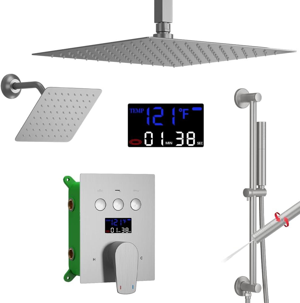 AYIVG Brushed Nickel Dual Shower Heads System with 12 And 8 Inch Rainfall and 2 in 1 Handheld Spray Wand Adjustable Slide Bar Ceiling Mount Shower Faucet Temperature Display Button Shower Set