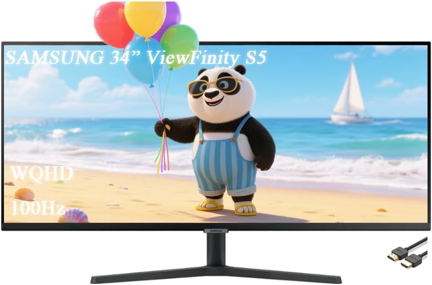 Samsung 34" ViewFinity S50GC Series Monitor, WQHD UltraWide Display, 100Hz, 5ms, AMD FreeSync, Borderless Design, Black, with GSF HDMI Cable