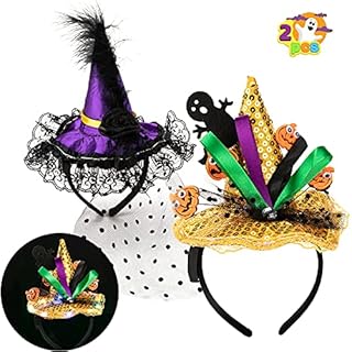 JOYIN 2 Pcs Halloween LED Headbands Light Up Witch Hat Headband, Pumpkin Sequin Hat Headbands for Halloween Costume Dress up Party Supplies, Halloween Party Favor, Cosplay, Halloween Accessories