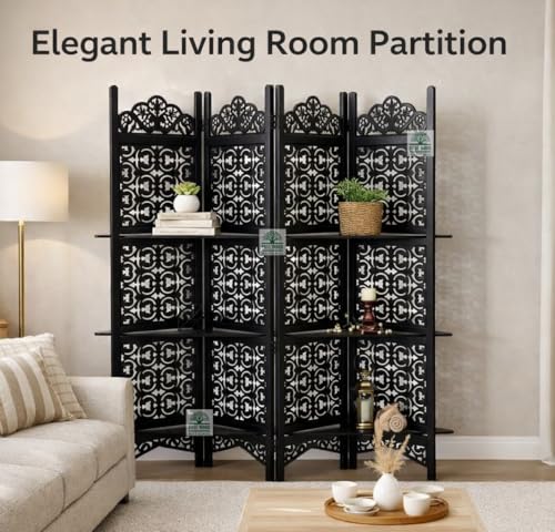 Image of Wooden Room Divider 6 Feet, 4-Panel Folding Wooden Partition for Living Room, Office, Pooja Room, Restaurant, Kitchen & Balcony (2W x 1.82H Meters). (Black-Lattice)