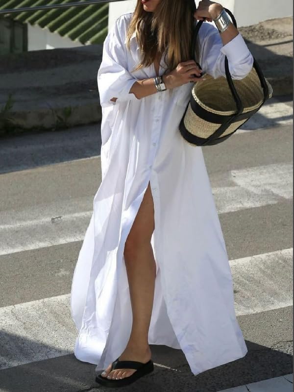 Image of UOOZEE Women's Long Sleeve Maxi Shirt Dress Button Down Side Slit Loose Flowy Vacation Sundress