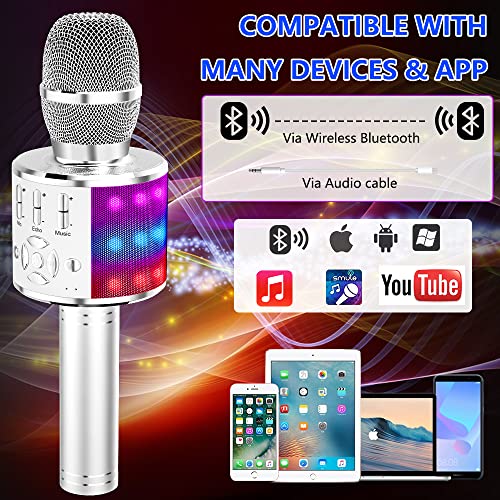 Image of Amazmic Kids Karaoke Microphone Machine Toy Bluetooth Microphone Portable Wireless Karaoke Machine Handheld with LED Lights, Gift for Children Adults Birthday Party, Home KTV(Silver)