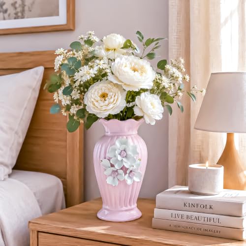 Image of MARKET 99 Pink Ceramic Decorative Vase | Glossy Flared Rim Embossed Leaf Pattern Flower Vase | Elegant Tabletop Accent for Fresh Flowers, Artificial Stems, Home, Office & Shelf Decor