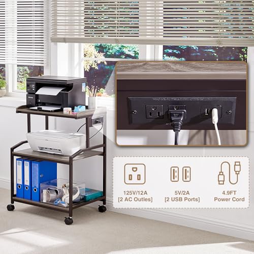 Image of Lauren&Harold 34'' Printer Stand with Power Outlets & USB Ports Grey /Bronze
