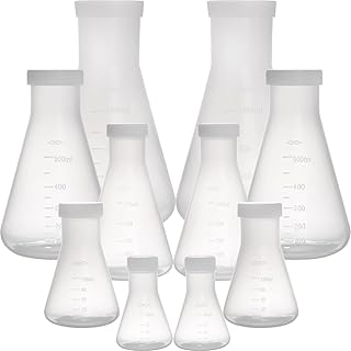 Set of 10 Scientific Plastic Erlenmeyer Flasks, Narrow Mouth Erlenmeyer with Screw Caps, Lab Erlenmeyer Flask with Molded Graduations(50ml, 100ml, 250ml, 500ml, 1L)