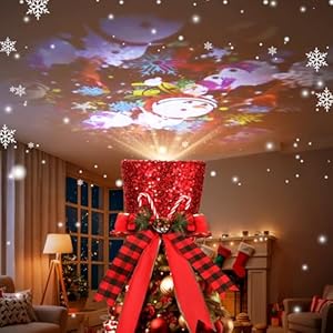 Christmas Tree Hat Topper wProjection Modes Lighted Large Red Sequins Hat Xmas Tree Topper wPine Cone and Bow Ribbon Ornament Xmas Tree Topper Top Hat for Home Holiday Tree Decoration Xmas Gifts