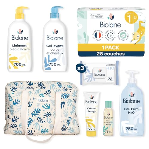BIOLANE Coffret Maternité - Kit de Soin Bébé Naissance - Sac à langer & soins pour bébé - Couche, Lingettes H2O