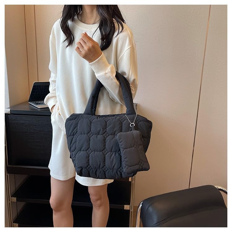 Image of Quilted Tote Bag for Women Small Puffer Purse Quilted Nylon Padding Handbag with Wallet