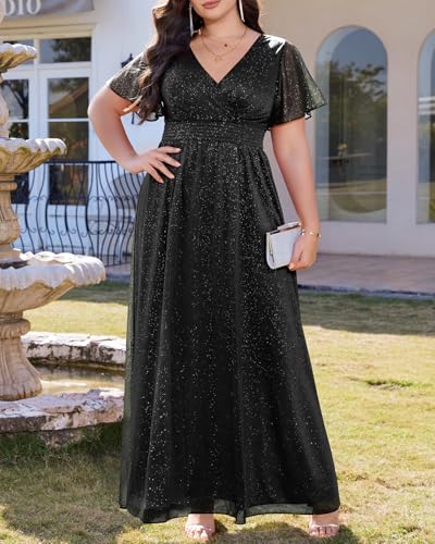 Image of Talisea Plus Size Formal Dresses - V Neck Flutter Sleeve Glitter Prom Evening Gowns Wedding Guest Chiffon Long Maxi Dress