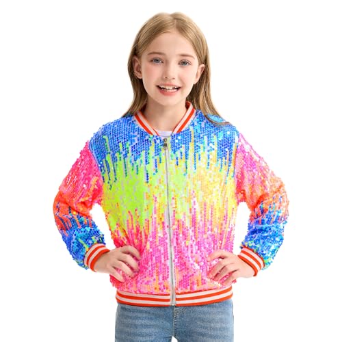 Image of LOLANTA Girls Sequin Jacket, Long Sleeve Kids Bomber Coats with Pockets, Spring Fall Outfits for 4-15 Years