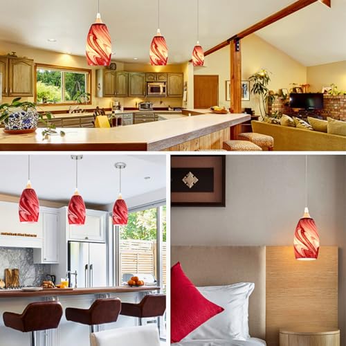 Image of GO&SO Red-White Swirl Glass Lamp Shade Set of 2,7.8 inch H x 4 inch D,Oval | 1.57 inch Fitter E26 Base,Hand-Blown Art Fixtures,Chandelier Shades for Kitchen Island,Hanging Light Shades