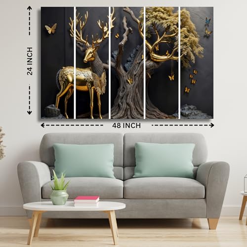 Image of Golden Deer Wall Painting Set of 5 | MDF Wall Art with Sparkle Lamination | Big Size Vastu Deer Painting for Wall Decoration | Home Decor & Wall Decor for Living Room, Bedroom, and Office