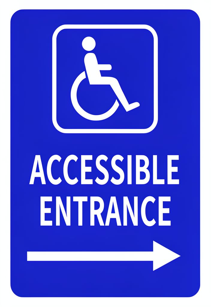 peiyeety Accessible Entrance Tin Sign 12x8 Inch, Blue Handicap Wheelchair Symbol with Right Arrow Metal Plaque, Easy-Mount Wall/Door Sign for Office, Business, Home, ADA-Style Directional Decor