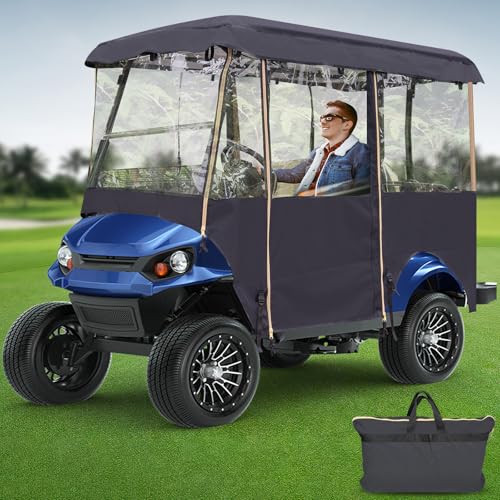 LUPPLE Golf Cart Enclosure 4 Passenger Rain Winter Cover Long Roof for Club Car Ezgo Yamaha, Side Doors Curtains, Transparent Window, Four Person Seat, Waterproof, Weather Protection, 86 Inch Black