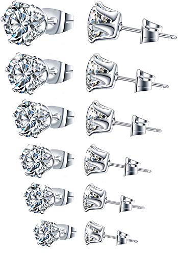 6 Pairs Stainless Steel Cubic Zirconia Stud Earrings Set For Men Women Girls Boys 3-8mm