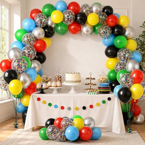 Image of Multicolor Balloons, 60Pcs Red Yellow Blue Balloon, 12 Inch Latex Colorful Metallic Silver Green Black Red Blue Yellow Confetti Balloons Helium for Baby Shower Kids Birthday Wedding Party Decorations